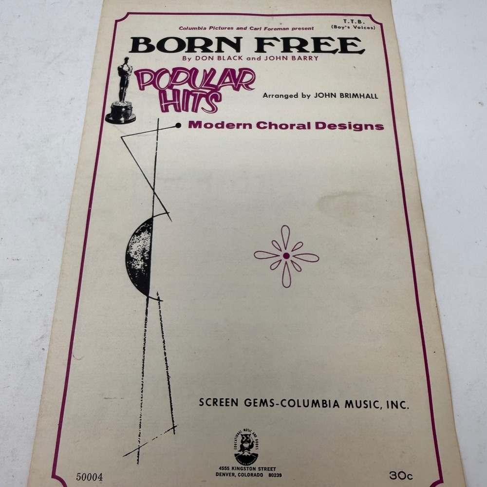 Born Free Sheet Music John Barry Don Black TTB Boys Voices Modern Choral Designs